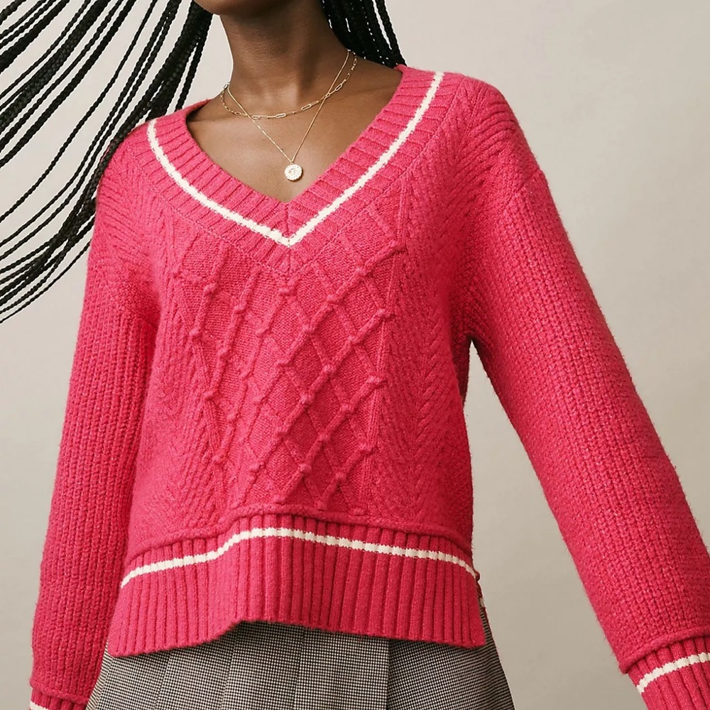 Anthropologie Maeve Tilly Pink V-Neck Sweater
